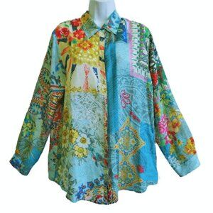 SiLK Johnny Was Floral Mixed Tunic Button Up Patchwork Boho Chic Luxurious